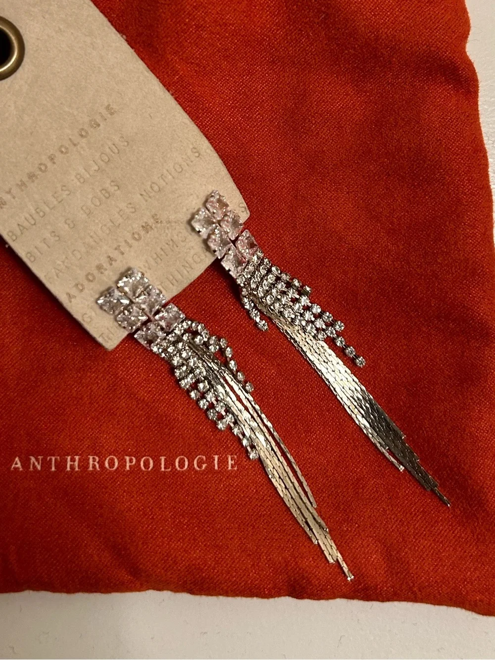 Anthropologie Silver Rhinestone Fringe Drop Earrings
